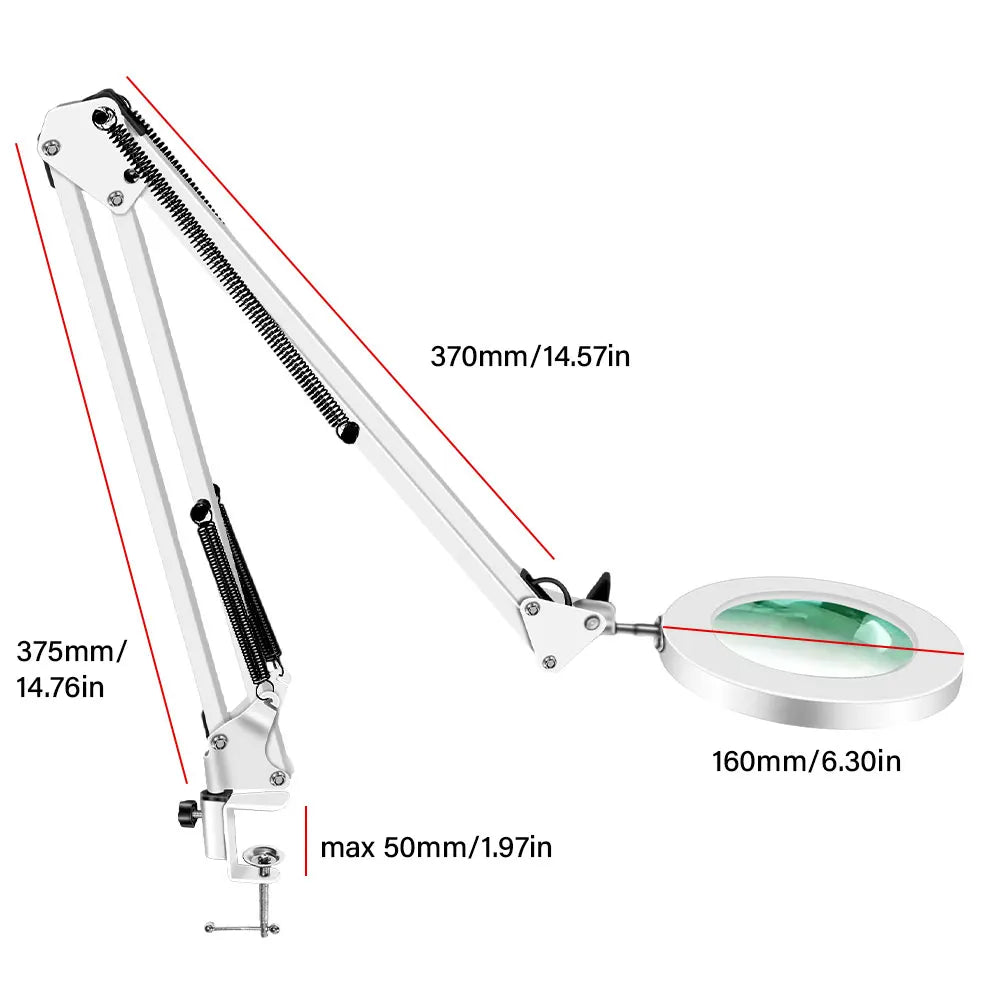 White LED magnifying lamp with clamp and long swing arm