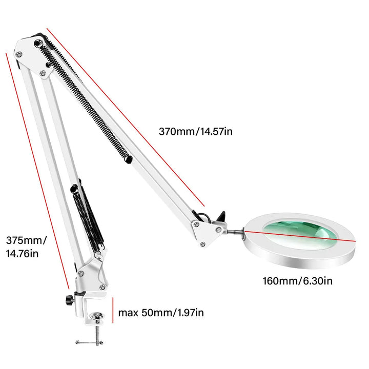 White LED magnifying lamp with clamp and long swing arm