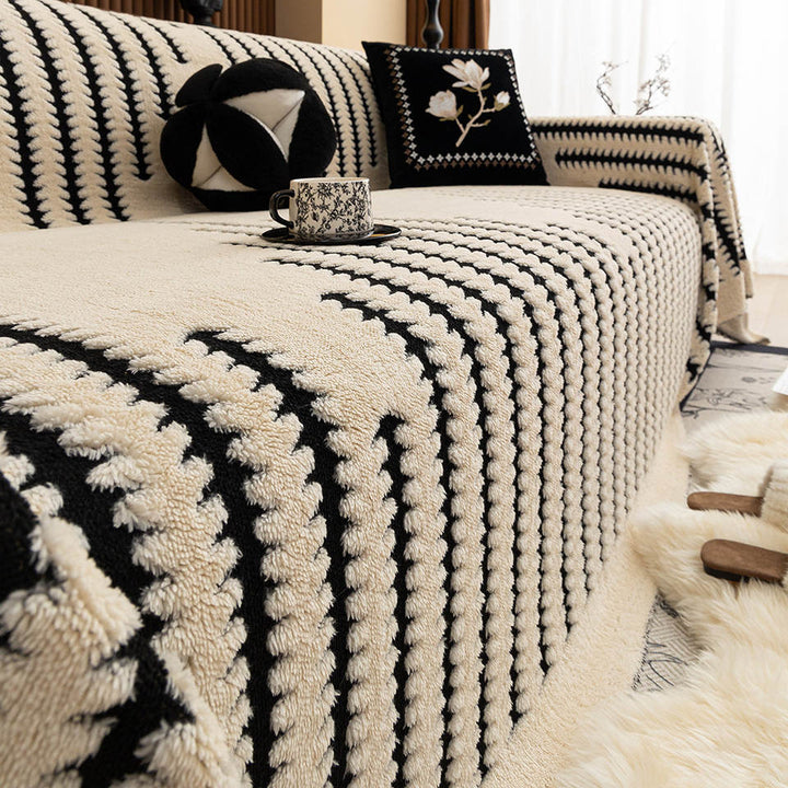 Plush tufted sofa cover close-up linear texture