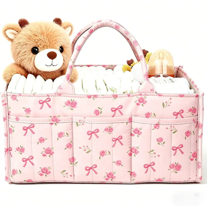 Pink Gingham Floral nappy caddy