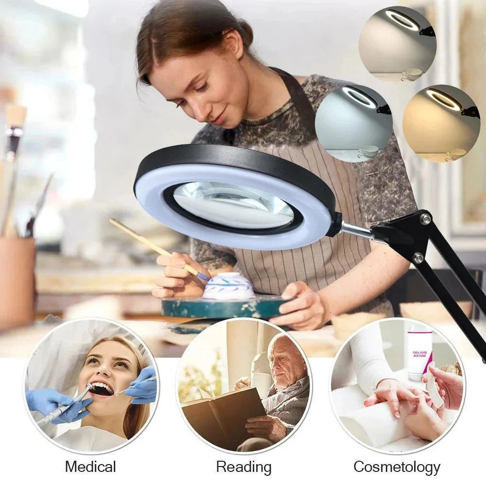 Dimmable LED magnifier lamp with three color modes