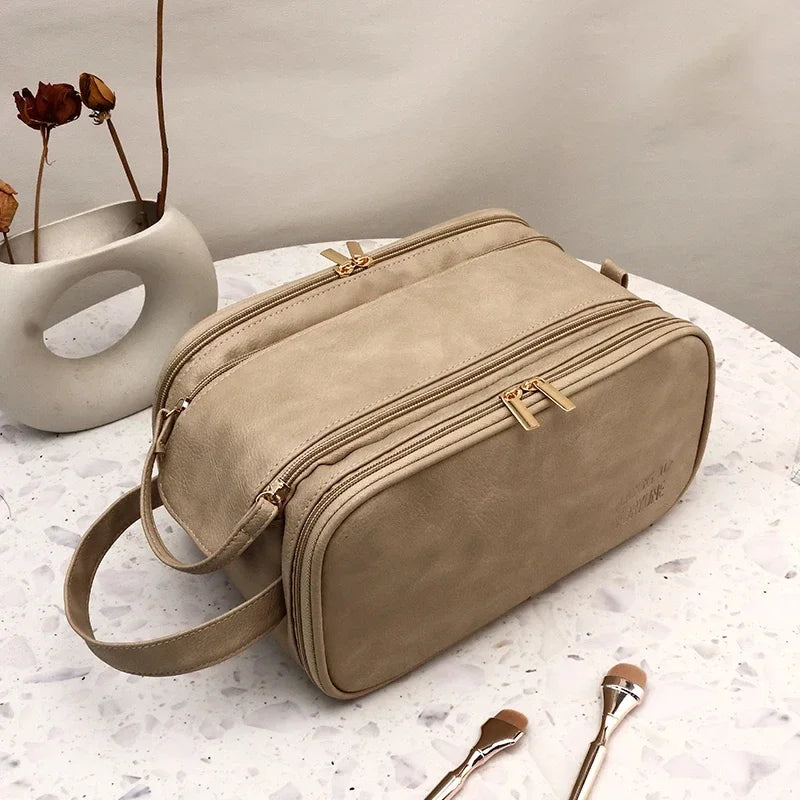 Camel PU faux leather travel makeup bag with zippered compartments