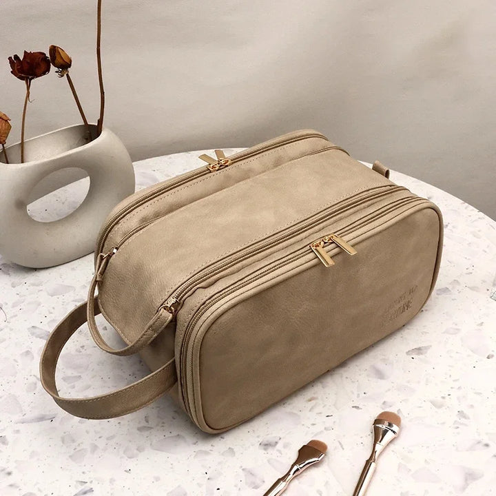 Camel PU faux leather travel makeup bag with zippered compartments