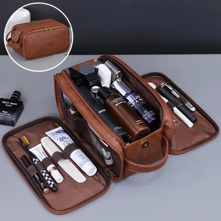 Brown toiletry bag opened to show organizer pockets; accessories not included