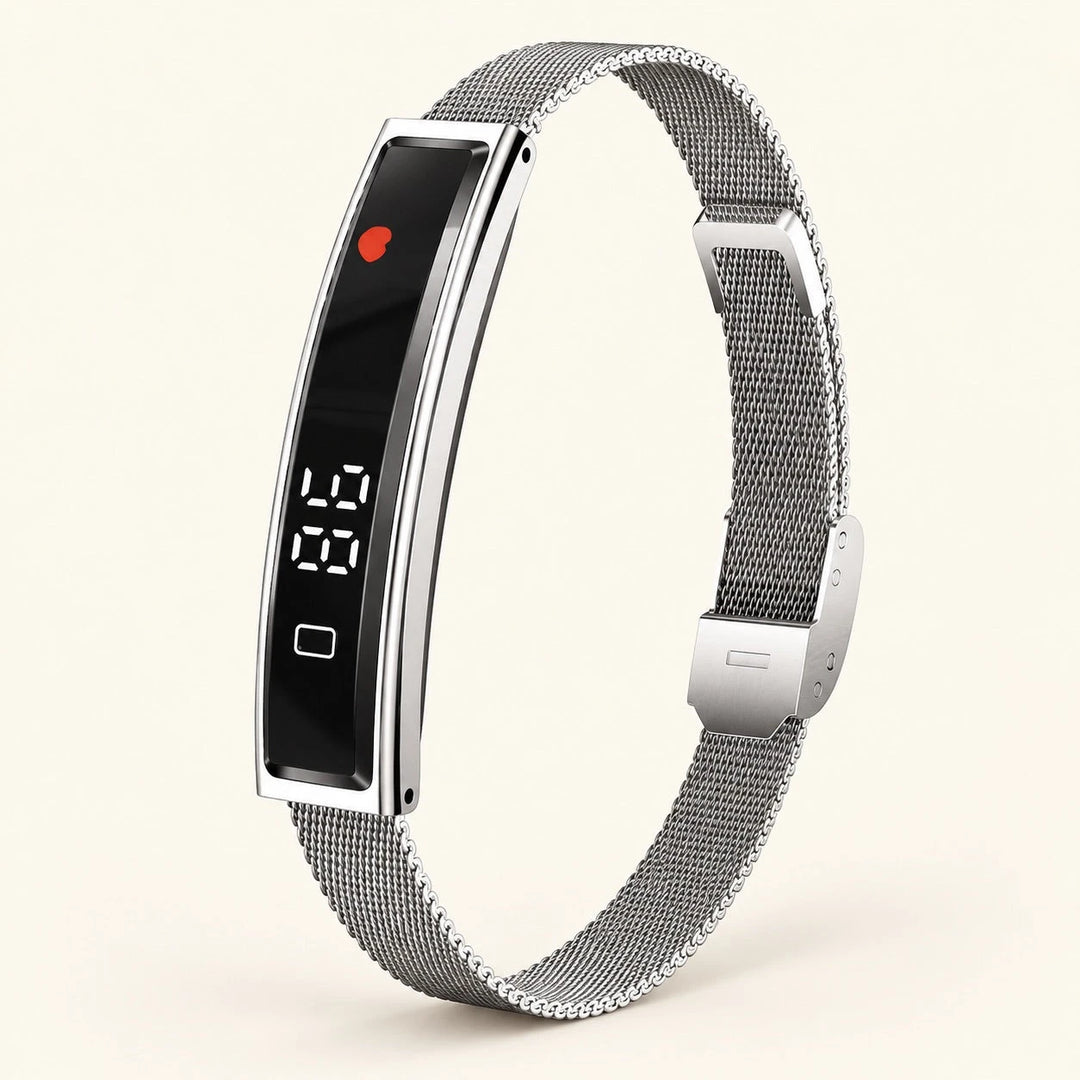 HT30 Silver Milan smart fitness bracelet on warm ivory background
