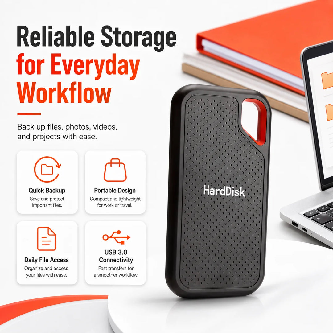Black external storage drive with red loop detail