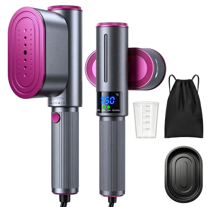 Gray handheld steam iron for clothes with measuring cup, storage bag and accessory plate