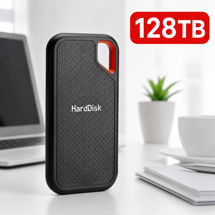 Black external storage drive with red loop detail