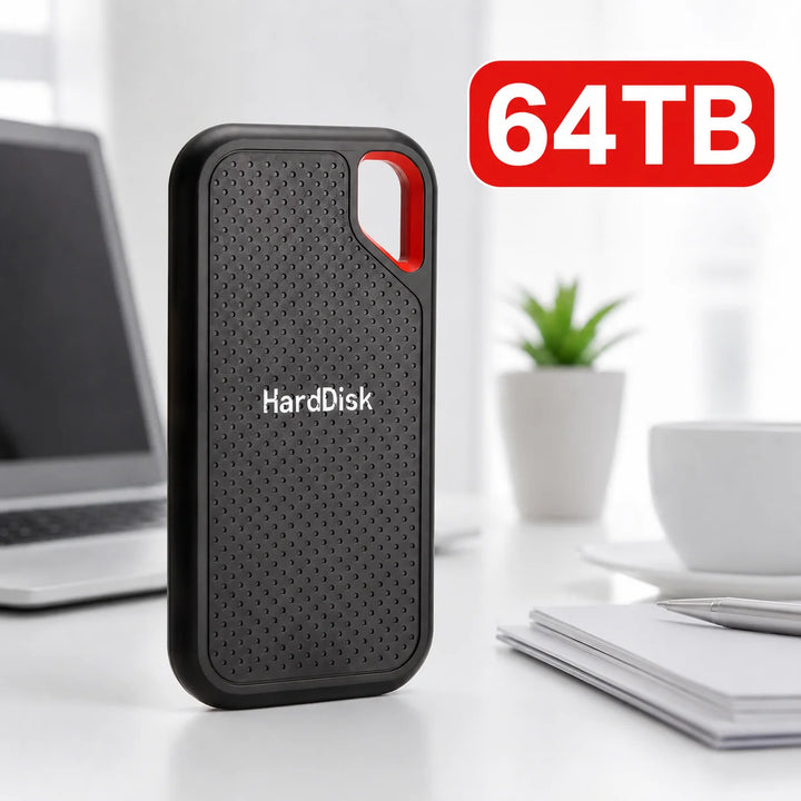 Black external storage drive with red loop detail