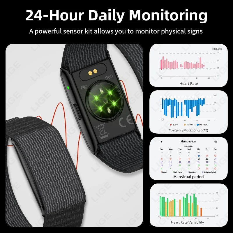 LIGE fitness band rear sensor and example companion-app charts