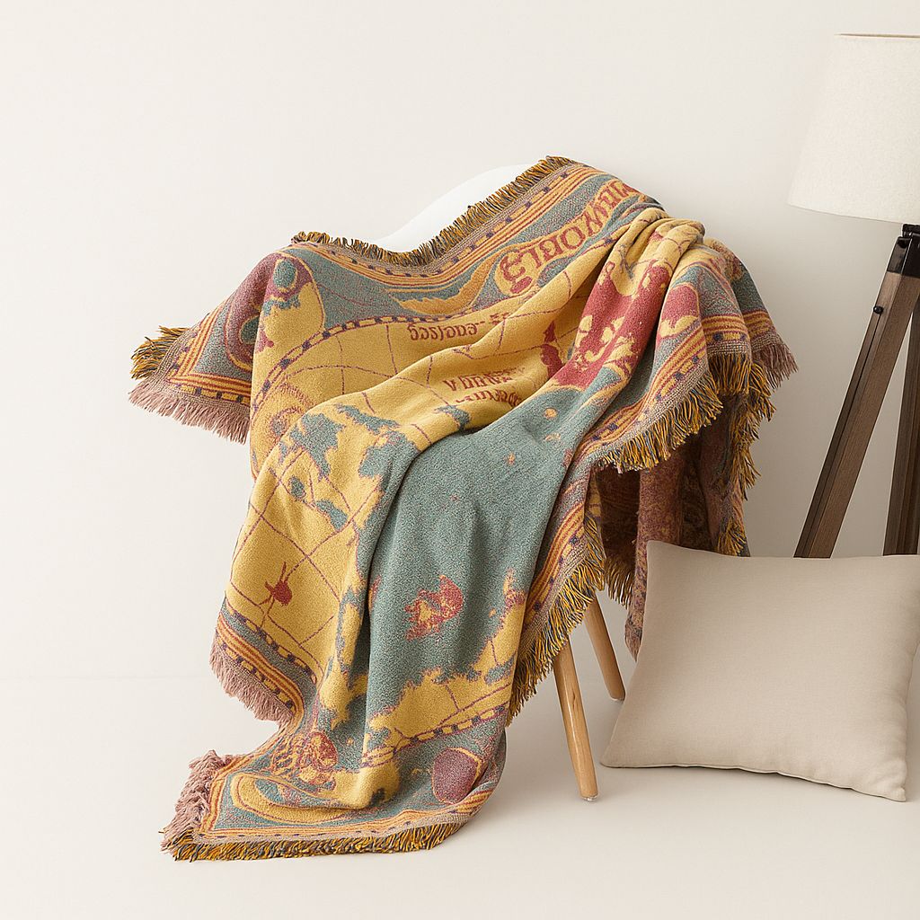 AtlasDream – Luxury Cotton Throw with Vintage World Map Design