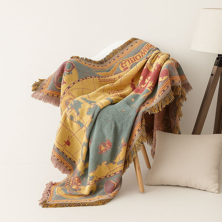 AtlasDream – Luxury Cotton Throw with Vintage World Map Design