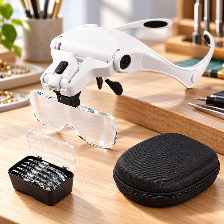 Headband Magnifying Glasses with LED Light, 5 Interchangeable Lenses 1.0X-3.5X and Storage Bag