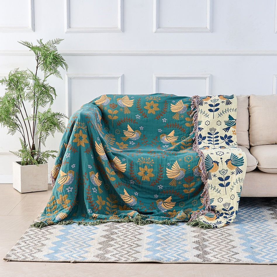 Scandinavian Bird Cotton Blanket - 100% Cotton Reversible Throw - Fringed