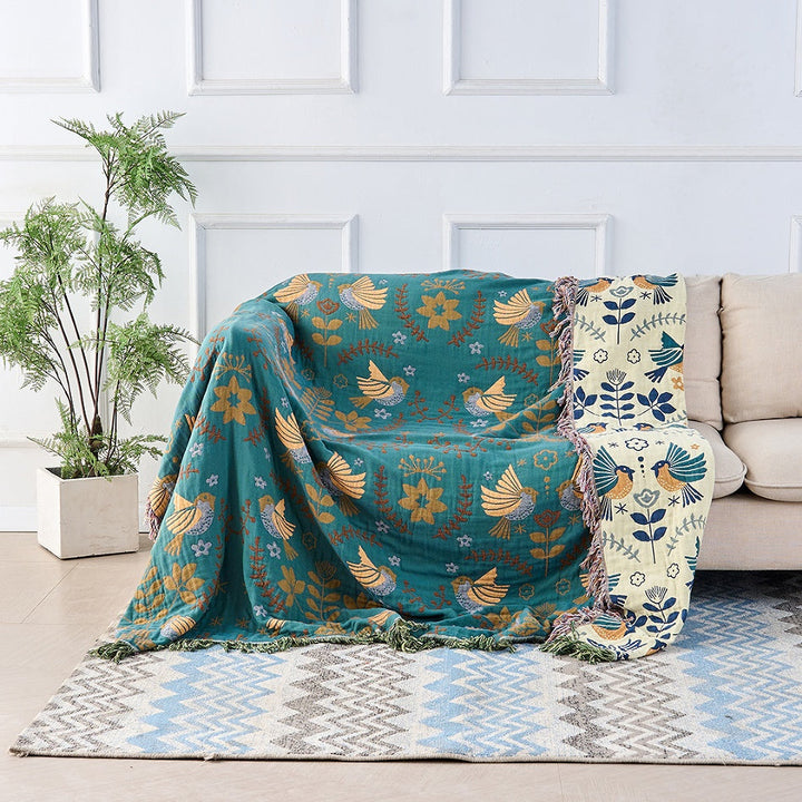 Scandinavian Bird Cotton Blanket - 100% Cotton Reversible Throw - Fringed