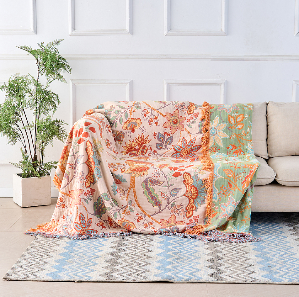 Rustic Floral Cotton Throw Blanket - 100% Cotton - Boho Fringe Blanket