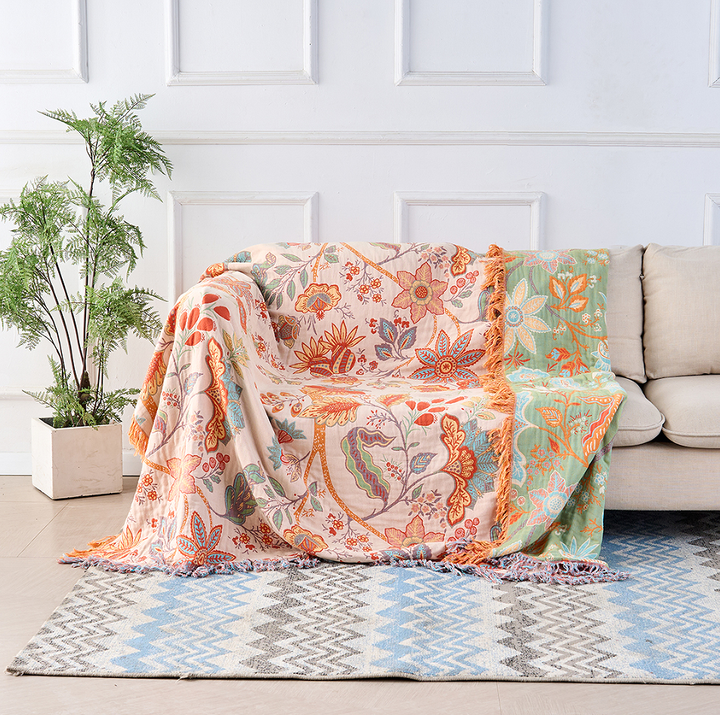 Rustic Floral Cotton Throw Blanket - 100% Cotton - Boho Fringe Blanket