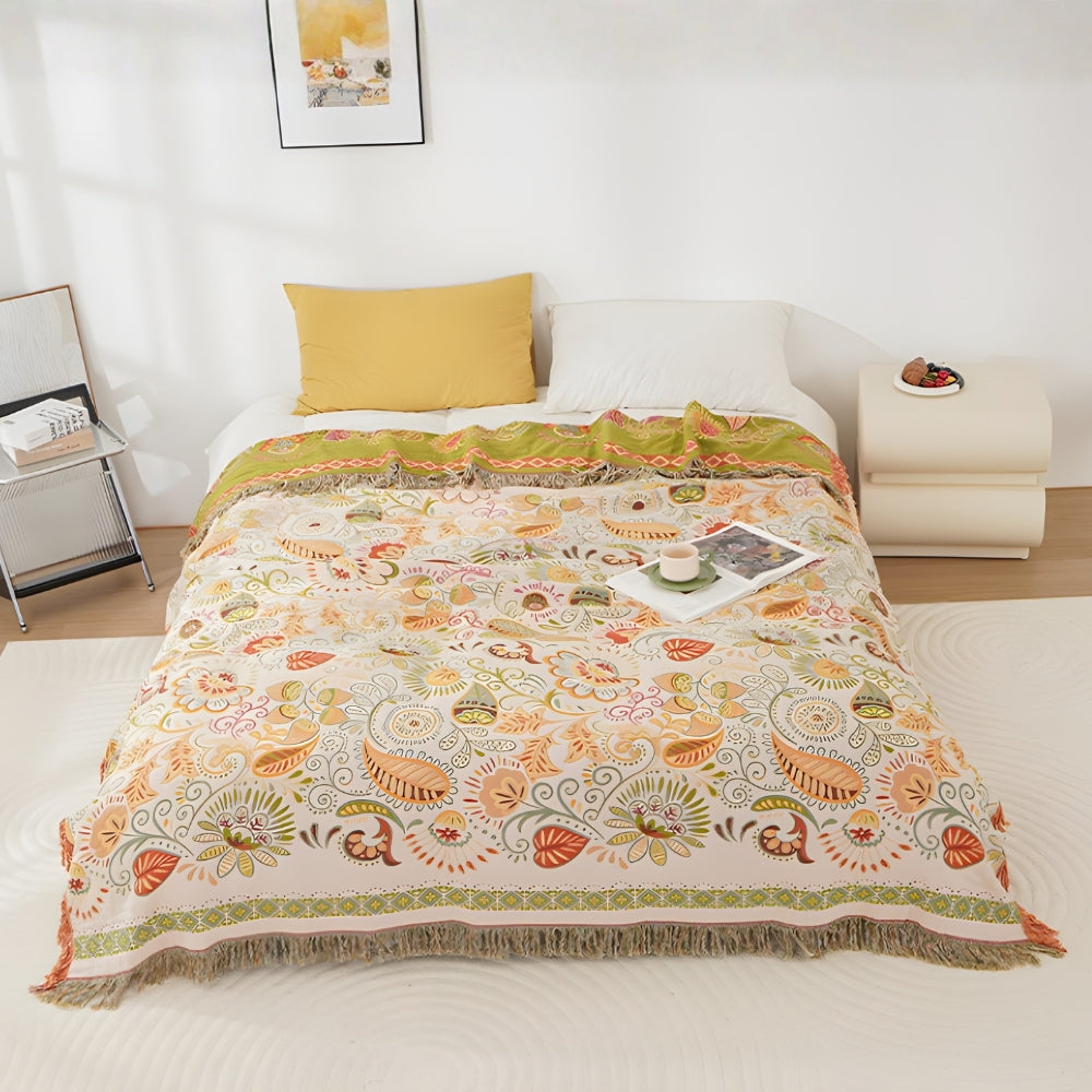 Autumn Leaf Boho Cotton Blanket - Reversible Cotton Gauze Throw - Tassels