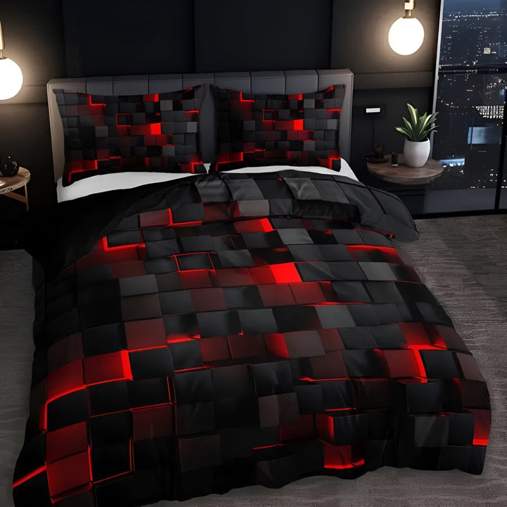 GEOMATRIX Quilt Cover Set - 3-Piece Microfibre - 3D Grid Print Duvet Cover
