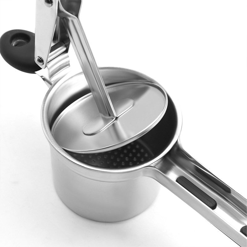 Close-up of the stainless steel ricer hopper