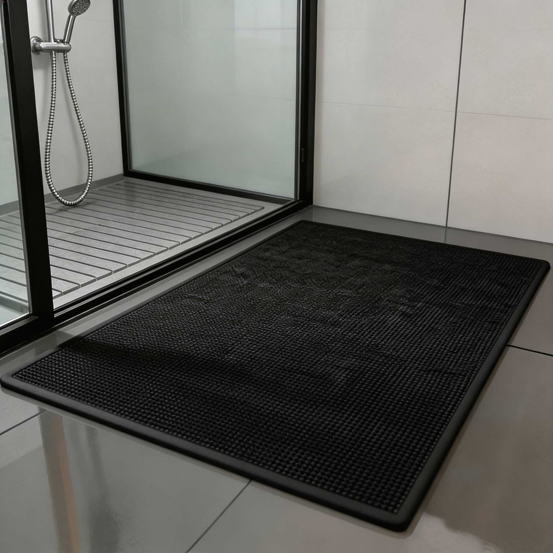 Fast drying bathroom rug with non-slip rubber backing