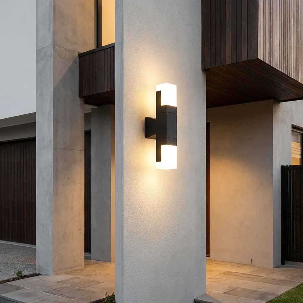 LED outdoor security wall light illuminating garden path
