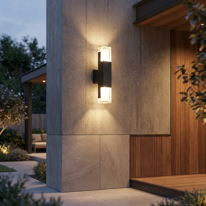 Modern black outdoor wall light with motion sensor on villa entrance