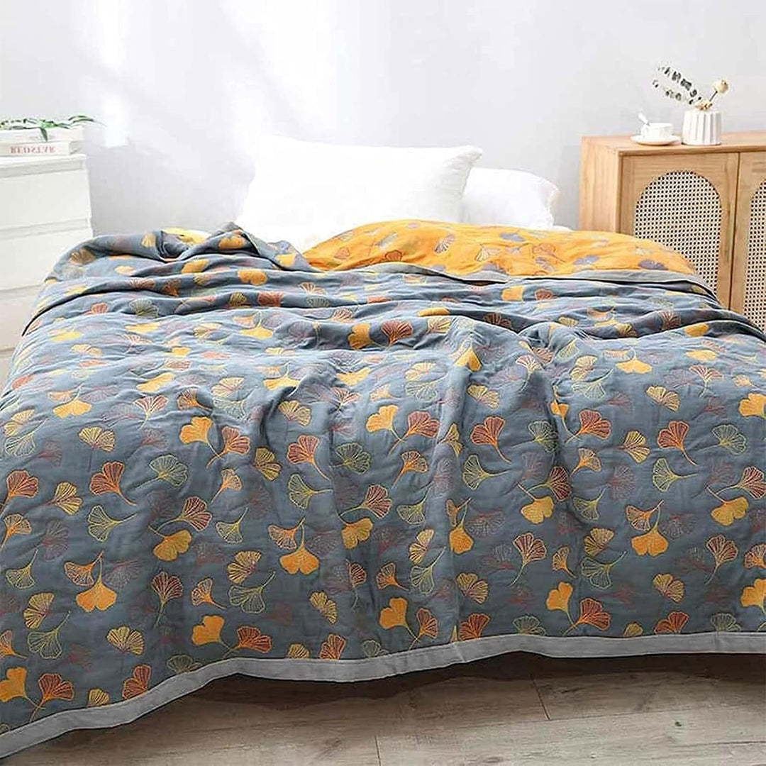 Ginkgo Leaf Cotton Throw Blanket - Reversible Quilt - Yellow Blue Pattern