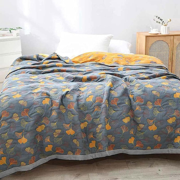 Ginkgo Leaf Cotton Throw Blanket - Reversible Quilt - Yellow Blue Pattern