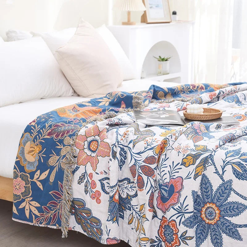 Rustic Floral Cotton Blanket - 100% Cotton Jacquard Throw - Reversible