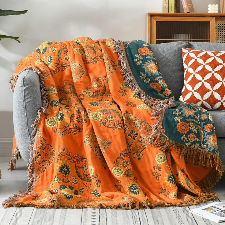Marigold Floral Cotton Throw Blanket - 100% Cotton - Reversible Blanket