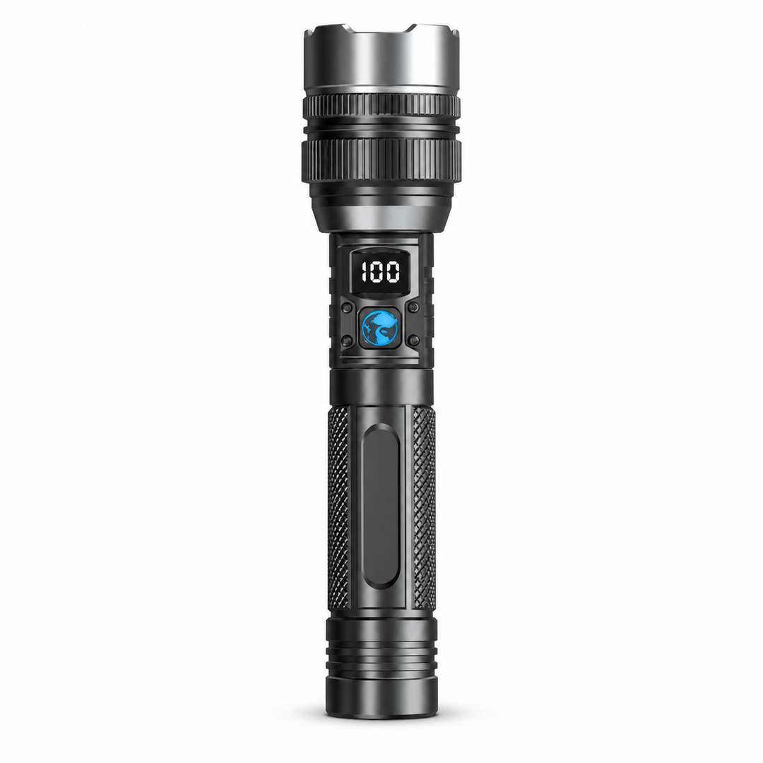 Silver and dark gray rechargeable flashlight with digital battery display on a white background