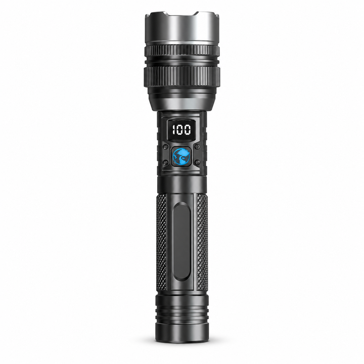 Silver and dark gray rechargeable flashlight with digital battery display on a white background